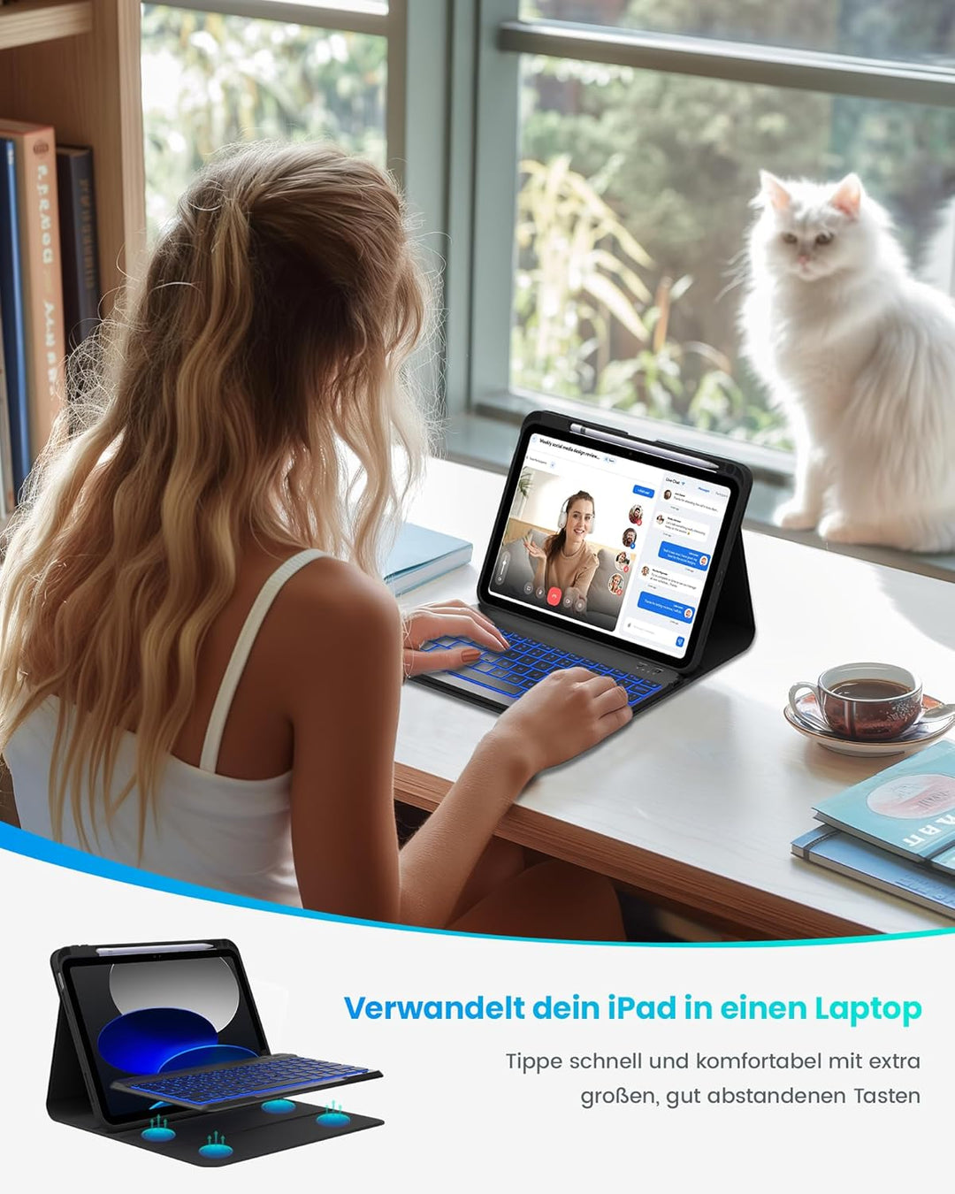 typecase Hülle mit Tastatur für iPad A16 11/10 Generation((2025/2022, 11/10.9 Zoll),7-farbige Beleuc