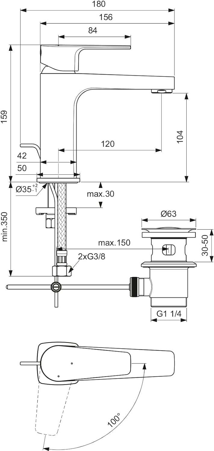 Ideal Standard BC689AA Cerafine D Waschtischarmatur mit Zugknopf-Ablaufgarnitur Auslaufhöhe 104mm ,,