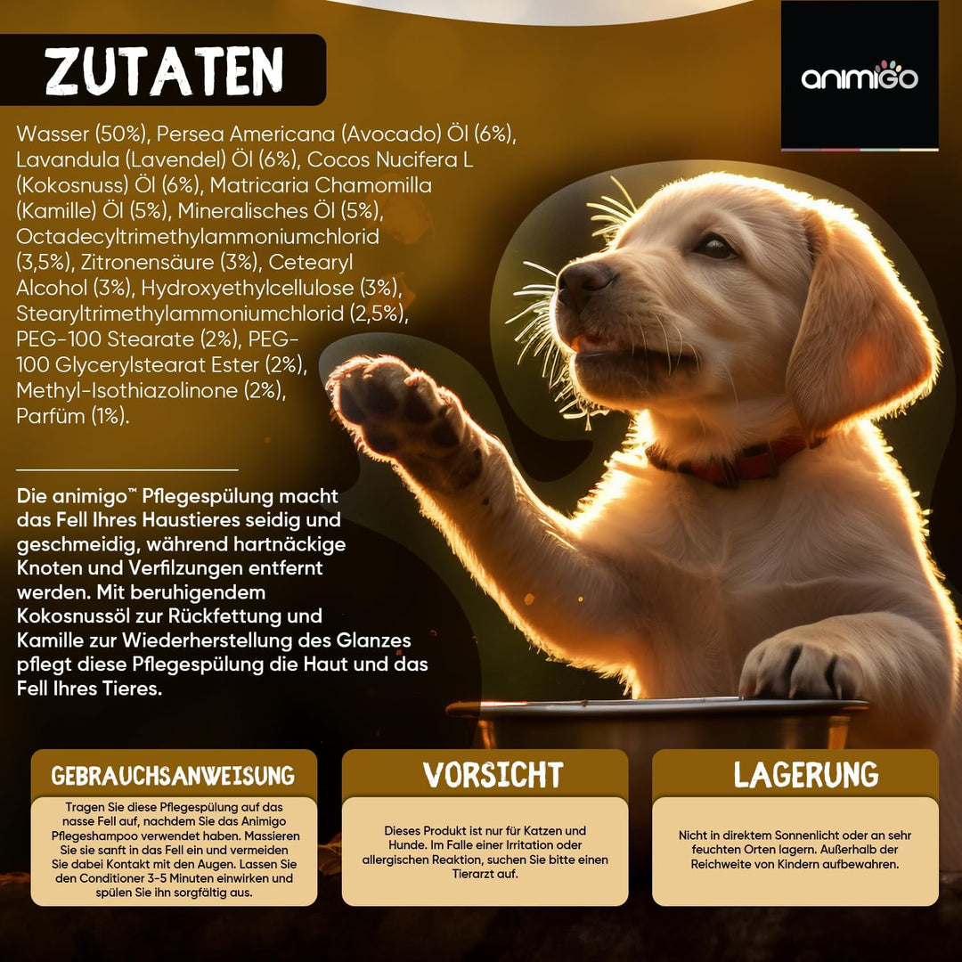 animigo Conditioner für Hunde & Katzen - 500ml Spülung - Mit Kokosöl & Avocadoöl - Für Langhaar & Ku