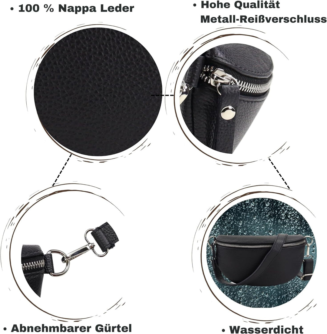 Blade Bauchtasche Damen Echtleder, stylische Gürteltasche Damen mit 2 gemusterten und Leder abnehmba
