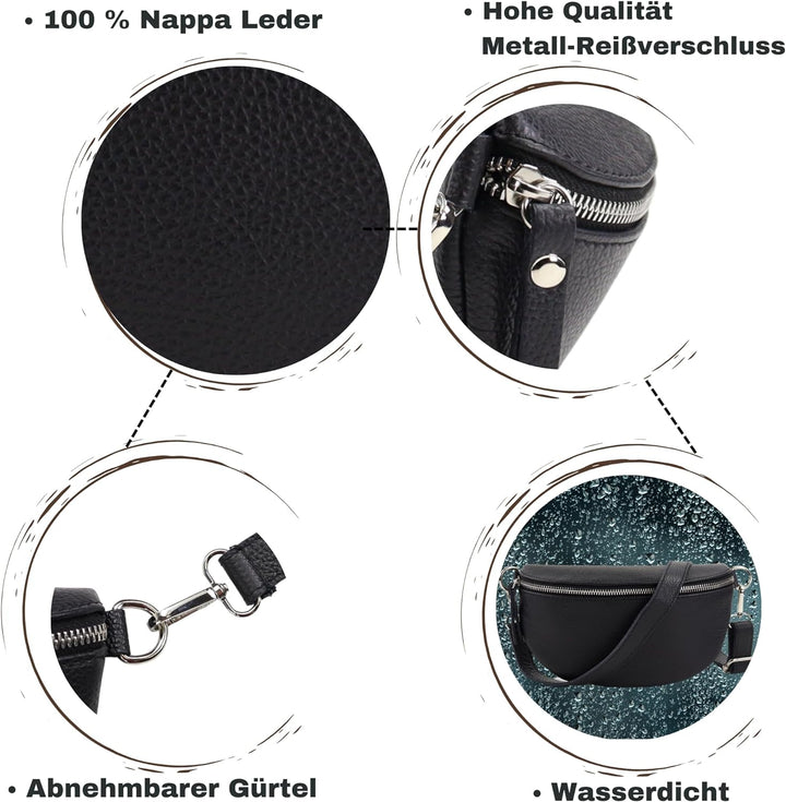 Blade Bauchtasche Damen Echtleder, stylische Gürteltasche Damen mit 2 gemusterten und Leder abnehmba