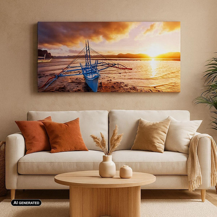 Panorama Bilder auf Leinwand Ufer Boot Strand Leinwandbild mit Rahmen 90x30cm Wandbilder Dekoration