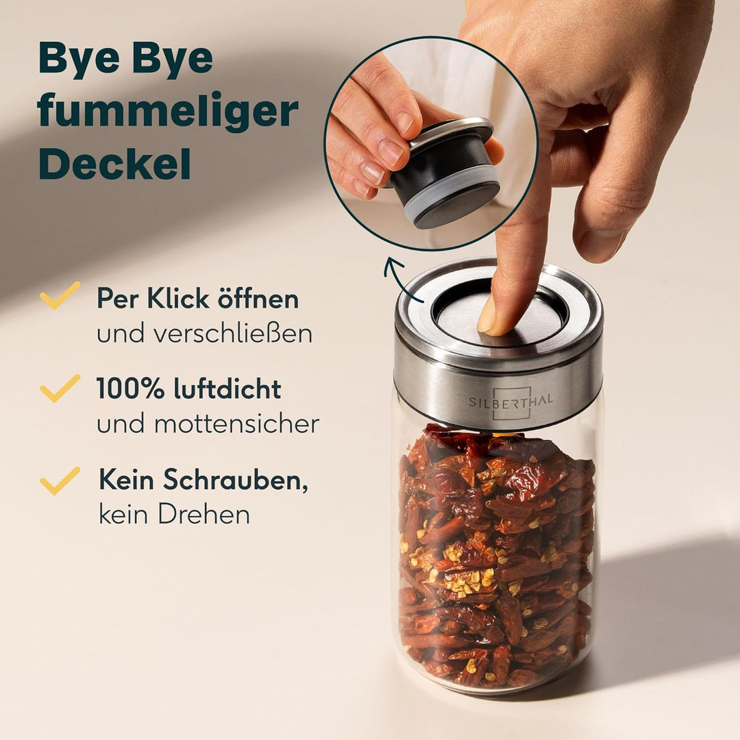 SILBERTHAL Gewürzglas 12er Set 300 ml Rund - mit Klickdeckel stapelbar - Vorratsglas mottensicher fü
