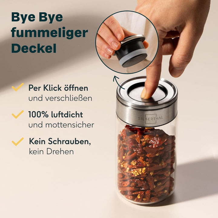 SILBERTHAL Gewürzglas 12er Set 300 ml Rund - mit Klickdeckel stapelbar - Vorratsglas mottensicher fü