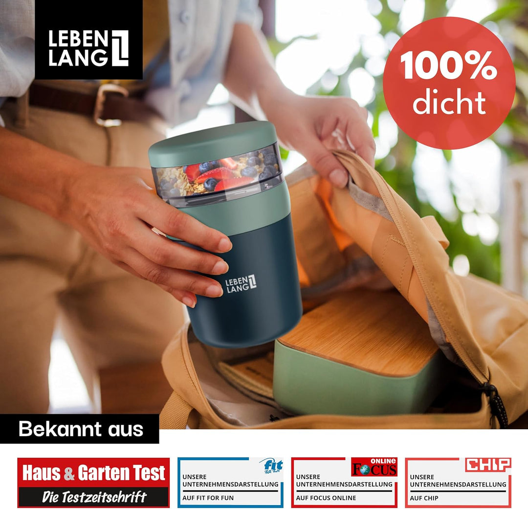 LEBENLANG Müslibecher To Go mit Löffel - Isolierende Edelstahlinnenwand & 650ml I Joghurtbecher to g