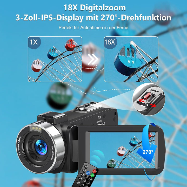 Videokamera 4K 80MP Camcorder für YouTube,30FPS Webcam IR Nachtsicht Vlogging Kamera,18X Digitalzoom