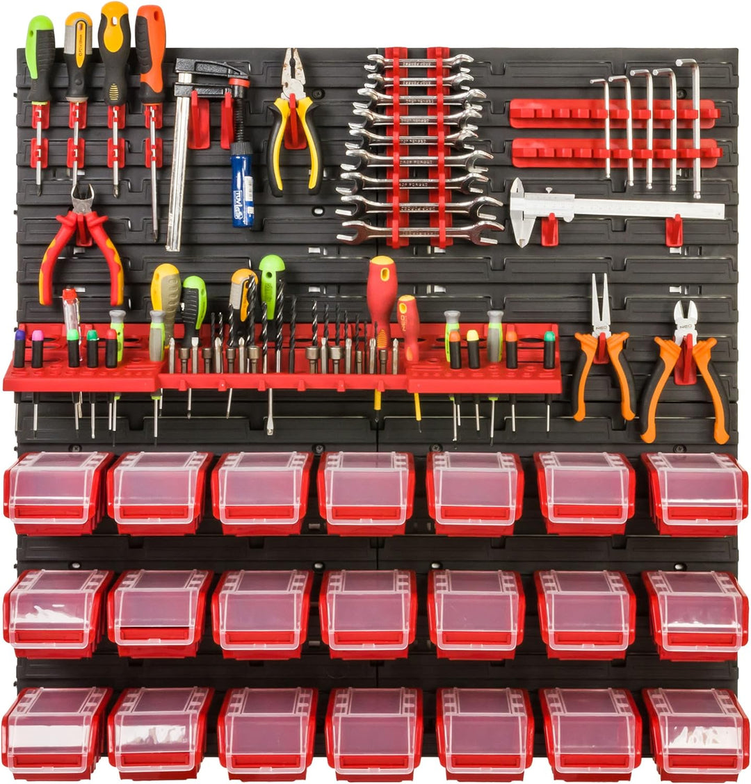 Lagersystem Werkstattregal | 78 x 78 cm | 21 stck. Box | Wandregal mit Werkzeughalterungen und Stape
