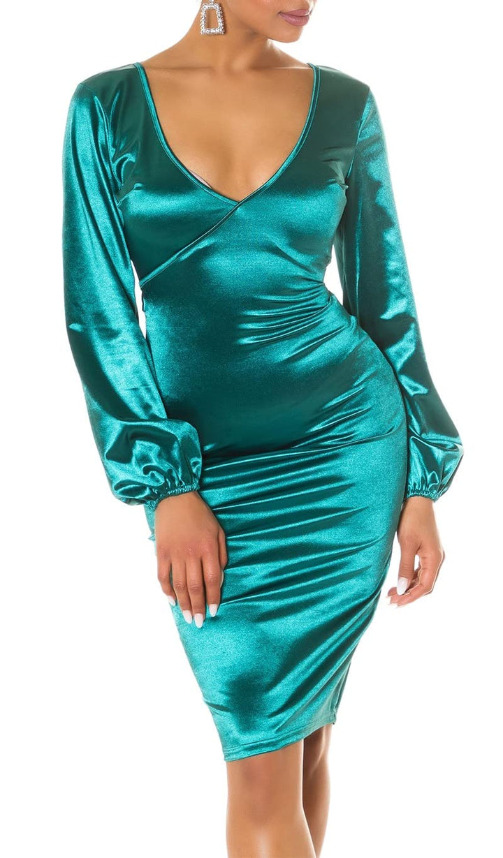 Koucla Rückenfrei Satin Look V-Neck Midi Cocktail Kleid mit Deko Schleife M Grün, M Grün