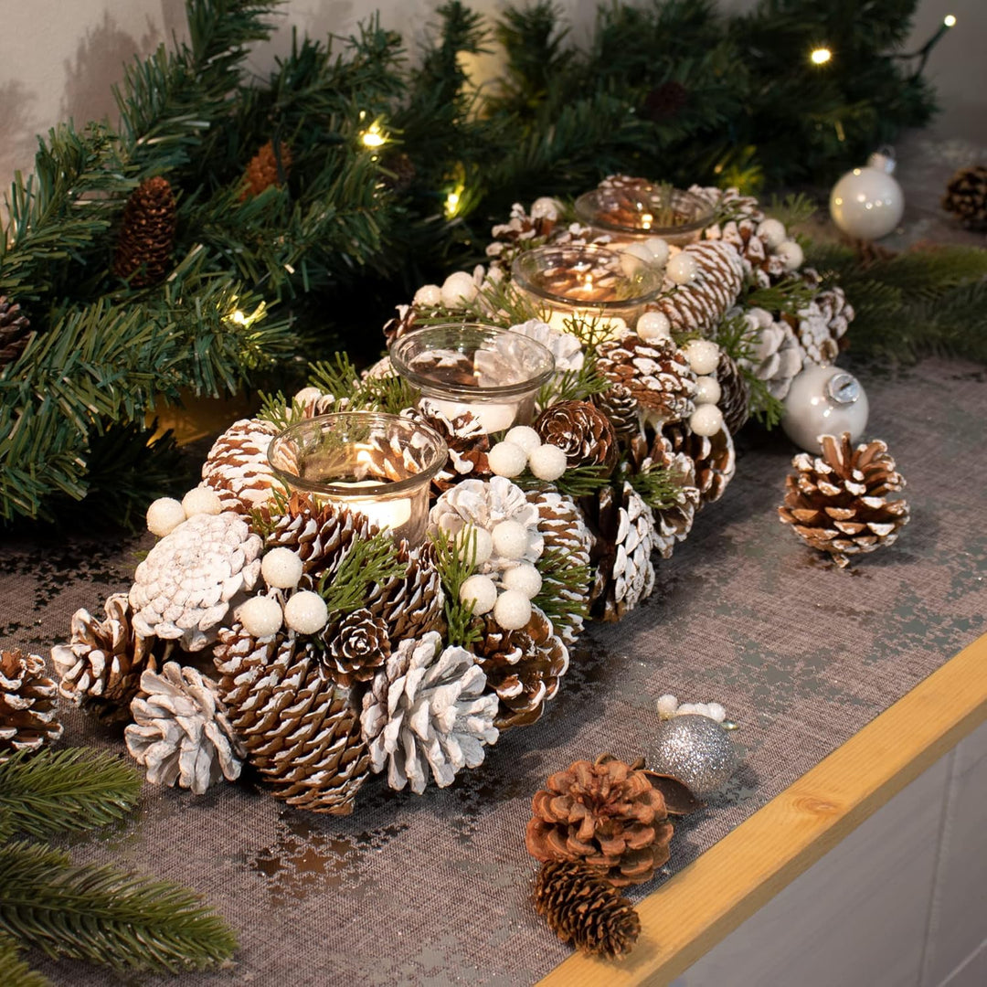 COM-FOUR® Adventskranz länglich, Kerzenständer Weihnachten für 4 Kerzen, Kerzenhalter, Adventsgestec