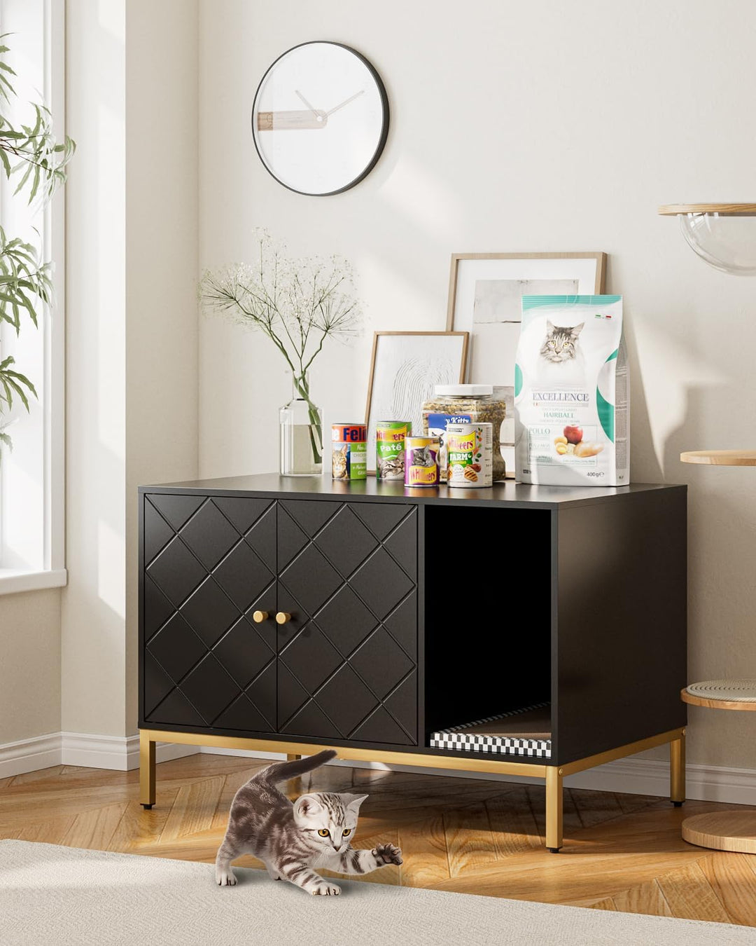 Katzenklo Schrank, Katzenkloschrank mit Doppeltüren, Katzenhaus mit Kratzmatte, hohe Beine, für Katz