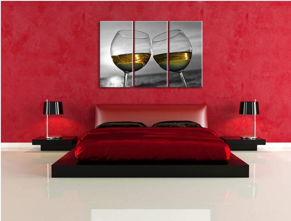 Wein in Gläsern am Meer schwarz/weiss 3-Teiler Leinwandbild 120x80 Bild auf Leinwand, XXL riesige Bi