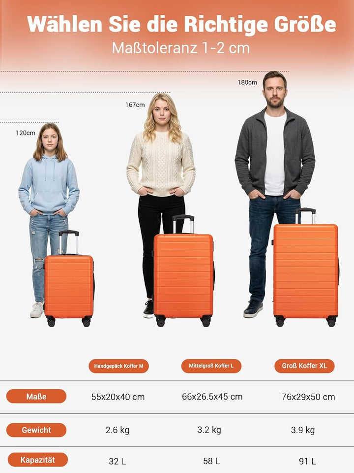 Mittelgrosser Koffer L, Hartschalenkoffer aus ABS, Leichter Trolley mit 4 Leisen 360° Doppelrollen,