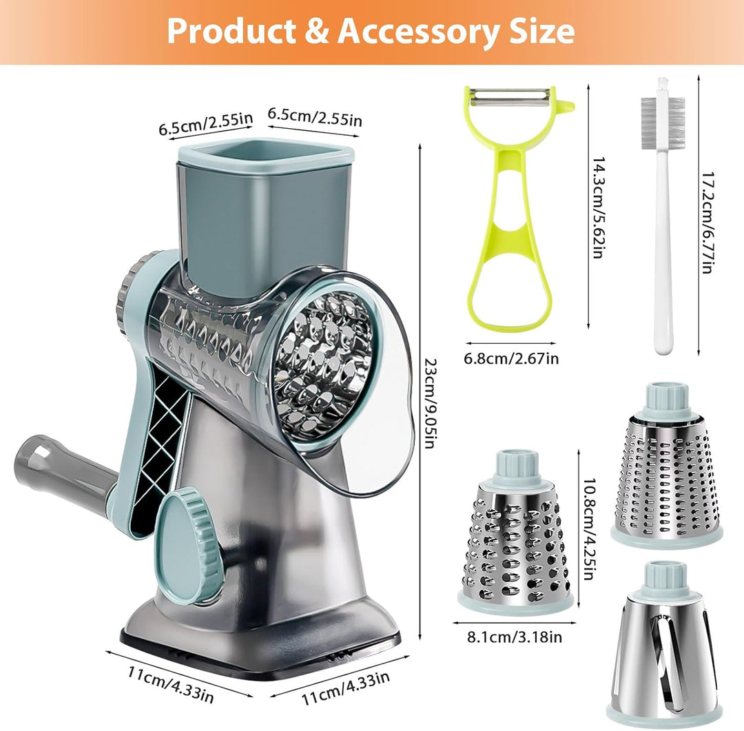 Cheese Grater, Käsereibe mit Kurbel, Trommelreibe, Gemüsehobel Reibe mit 3 Trommelklingen, manuell r
