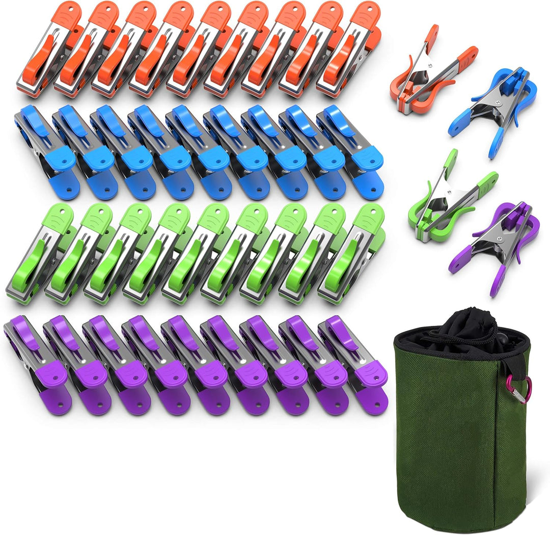 VOUNOT Wäscheklammern 40er Set, aus Edelstahl, mit Soft Grip und Haken, in 4 Farben, mit Wäscheklamm