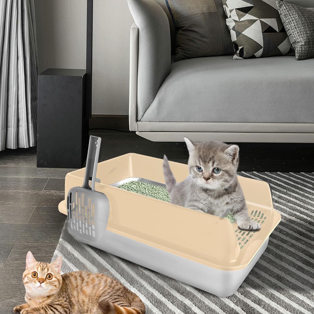 Katzentoilette aus Edelstahl mit hohen Seiten, Schaufel, einfache Reinigung, geruchsneutral, geeigne