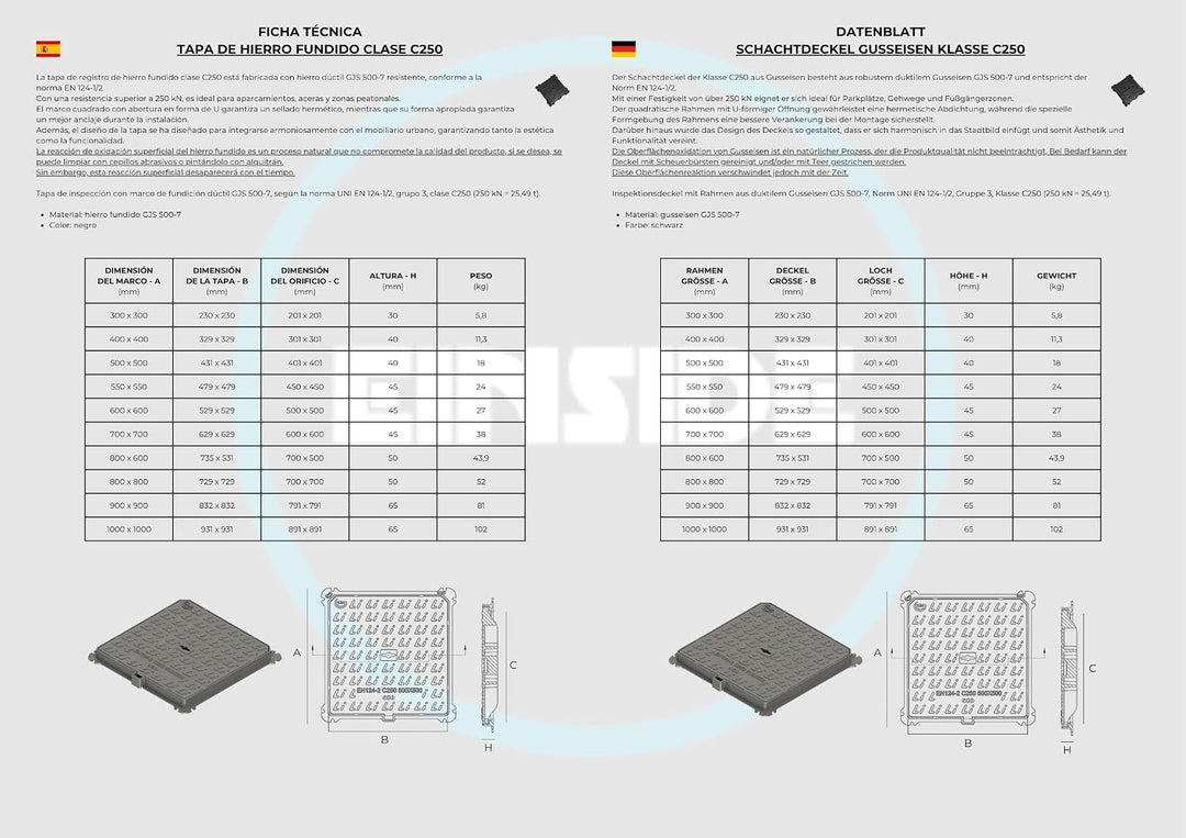 EINSIDE Schachtabdeckung Klasse C250 aus Sphäroguss, Kontrollschacht Schachtdeckel aus Gusseisen, Ro