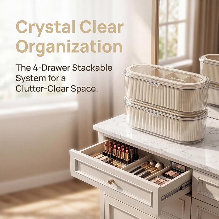 2er-Set Kosmetik Make Up Organizer Cremeweiss, Wattepadspender, Wattestäbchen Behälter, Clear Schmin