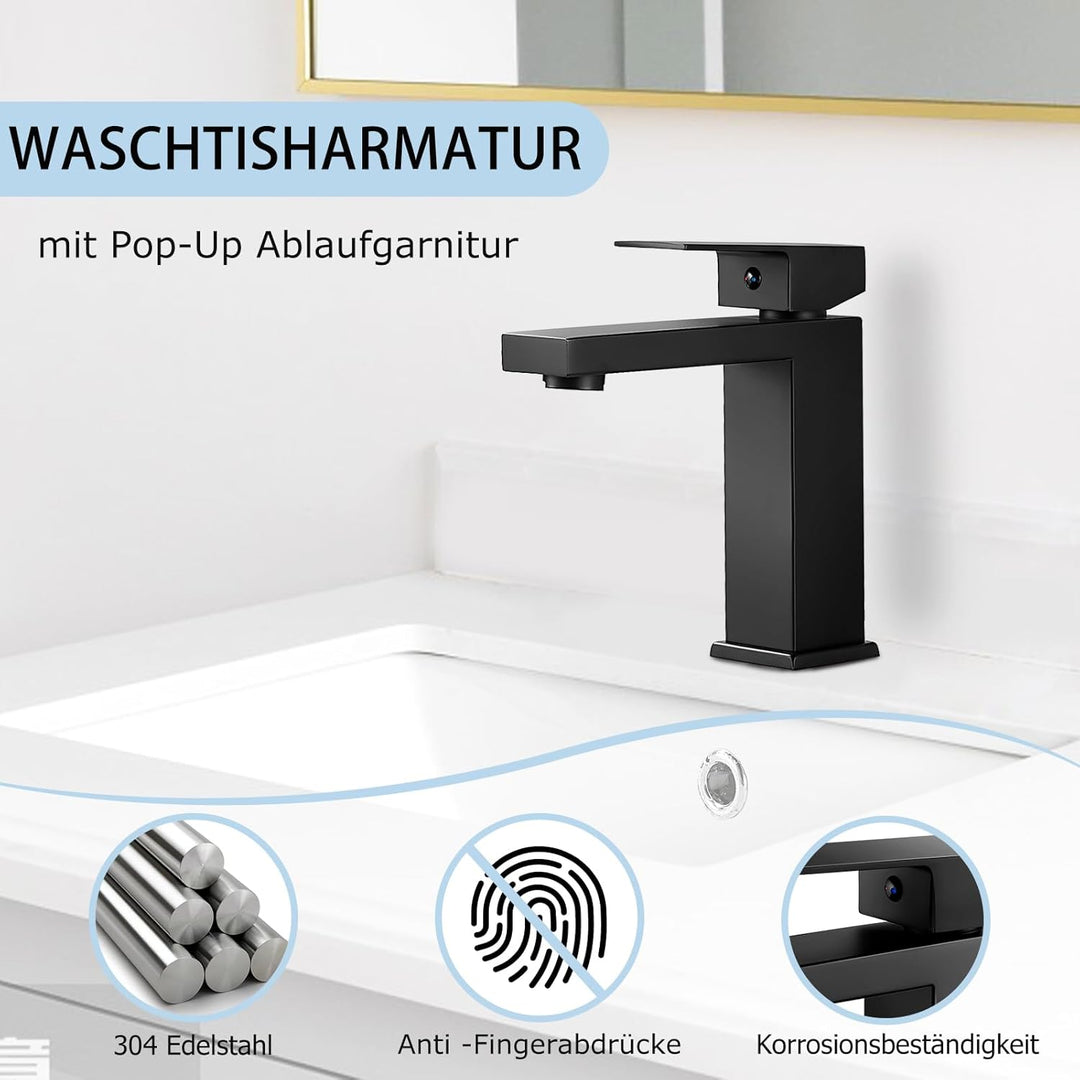 Wasserhahn Bad Schwarz Waschtischarmatur mit Pop-Up Ablaufgarnitur, Wasserhähne Eckig mit Höhe 164mm