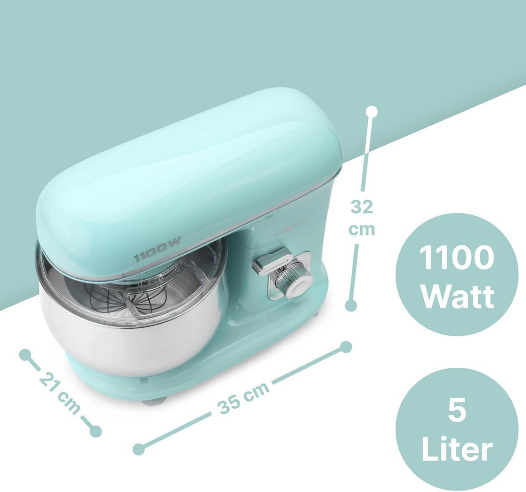 Clatronic KM 3711 Knetmaschine, Deckel mit Nachfüllöffnung, 1100 Watt, 5 L Mint-grün, Mint-grün