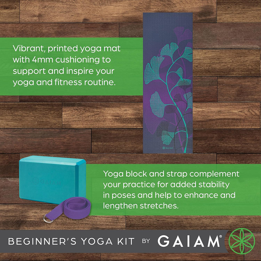 Gaiam Beginner's Yoga Starter Kit Set (Yoga Mat, Yoga Block, Yoga Strap) - Light 4mm Thick Printed N