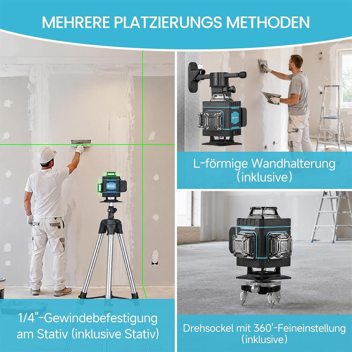 Kreuzlinienlaser mit Stativ, 4 x 360 ° Grün Laser Wasserwaage Selbstnivellierend 4D 16 Linienlaser f