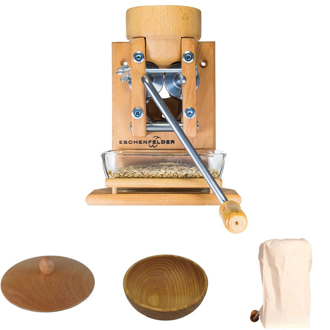 Eschenfelder Kornquetsche | Flocker | Wandmodell Alu- & Holz-Trichter | Flockenquetsche | Buche | ma