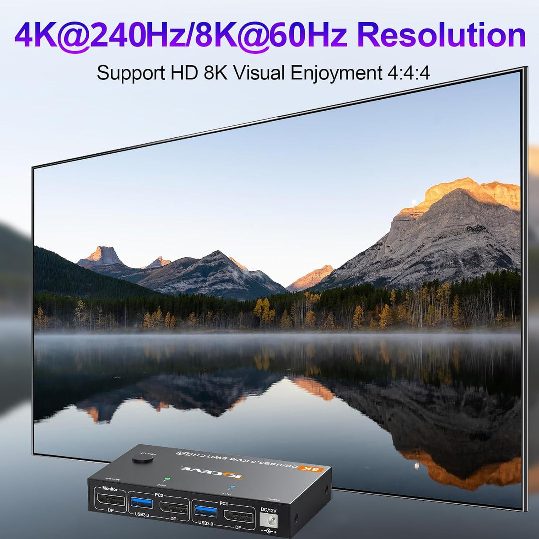 KVM Switch 2 PC 1 Monitor DP 4K@144Hz, USB 3.0 KVM Switch Displayport 2.1 Teilen 4 USB 3.0 Ports Tas