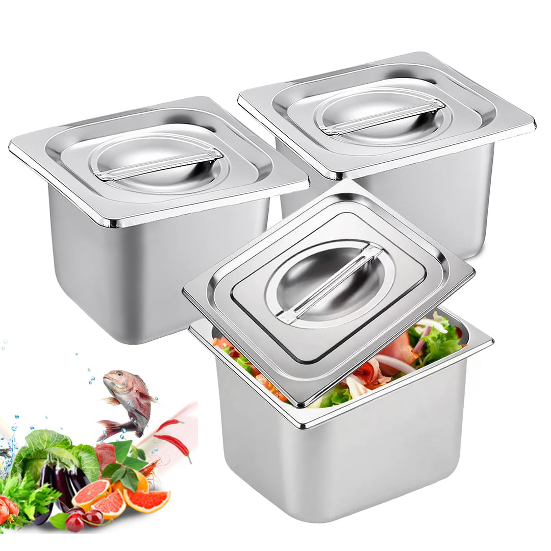 Set 3-teilig GN Behälter 1/6 Edelstahl mit Deckel – Höhe 10cm – Gastro Behälter für Lebensmittelaufb