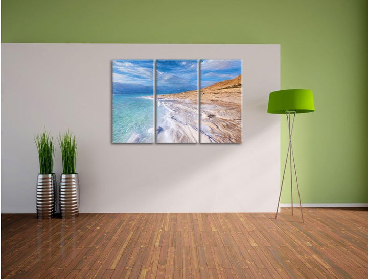 Pixxprint Das Tote Meer bei Tag Bunstift Effekt 3-Teiler Leinwandbild 120x80 Bild auf Leinwand