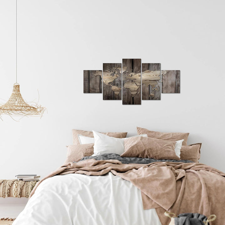Runa Art Wandbilder Weltkarte 5 Teilig Bild auf Vlies Leinwand Deko Büro Wohnzimmer Holzoptik Beige