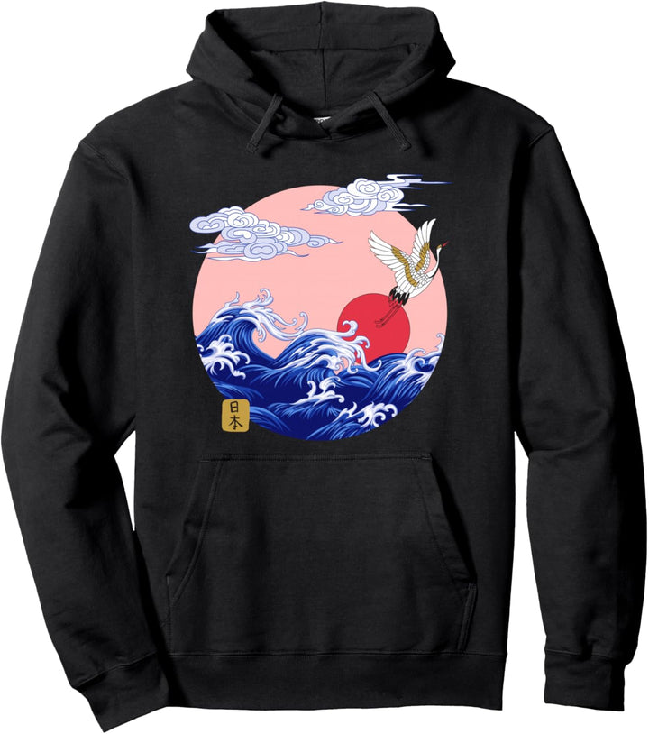 Japanische Vintage-Linien-Kranich Die grosse Welle vor Kanagawa Pullover Hoodie