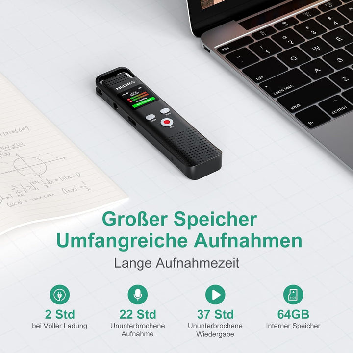 MECHEN V02 Diktiergerät 64GB, 1536Kpbs Digitales Aufnahmegerät mit One-Touch Aufnahme &amp; Rauschunterd