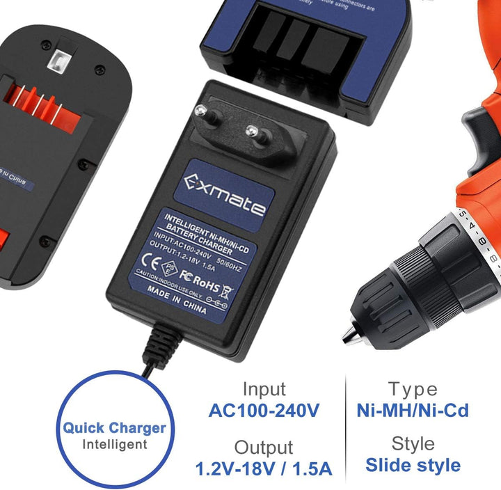 Exmate Multivolt Ladegerät für Black & Decker Ni-MH Ni-Cd Akkus, 1.2V-18V, 1A, Schwarz