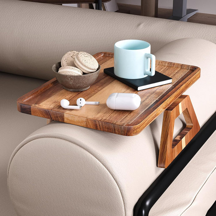 Fibogollo Akazienholz Sofatablett Armlehne,Festclip Couch Tablett Armlehnen Tray für Snacks,Handy,Co