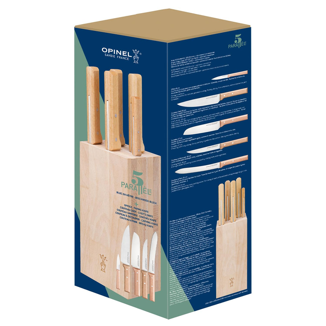Opinel Parallele Bread Messerblock mit 5 Messern, Messerblock aus Buchenholz gefertigt, Messerset, 2