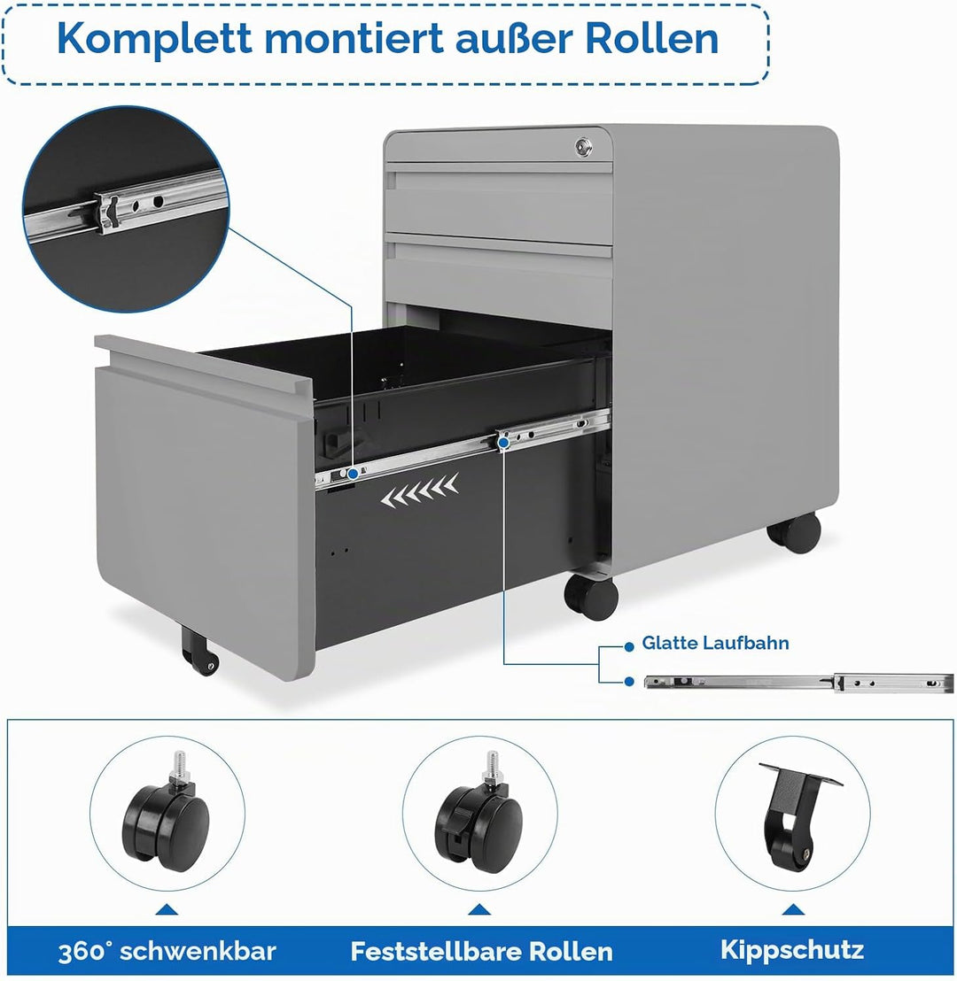 Dripex Metall Rollcontainer Stahl Rollcontainer mit 3 Schubladen oder 2 Schubladen, Abschliessbarer