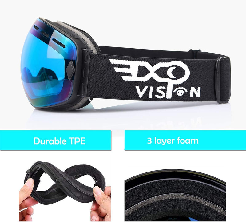 EXP VISION Snowboard Skibrille für Herren Damen Jugend, 100% UV400 Schutz Anti Beschlag über der Bri