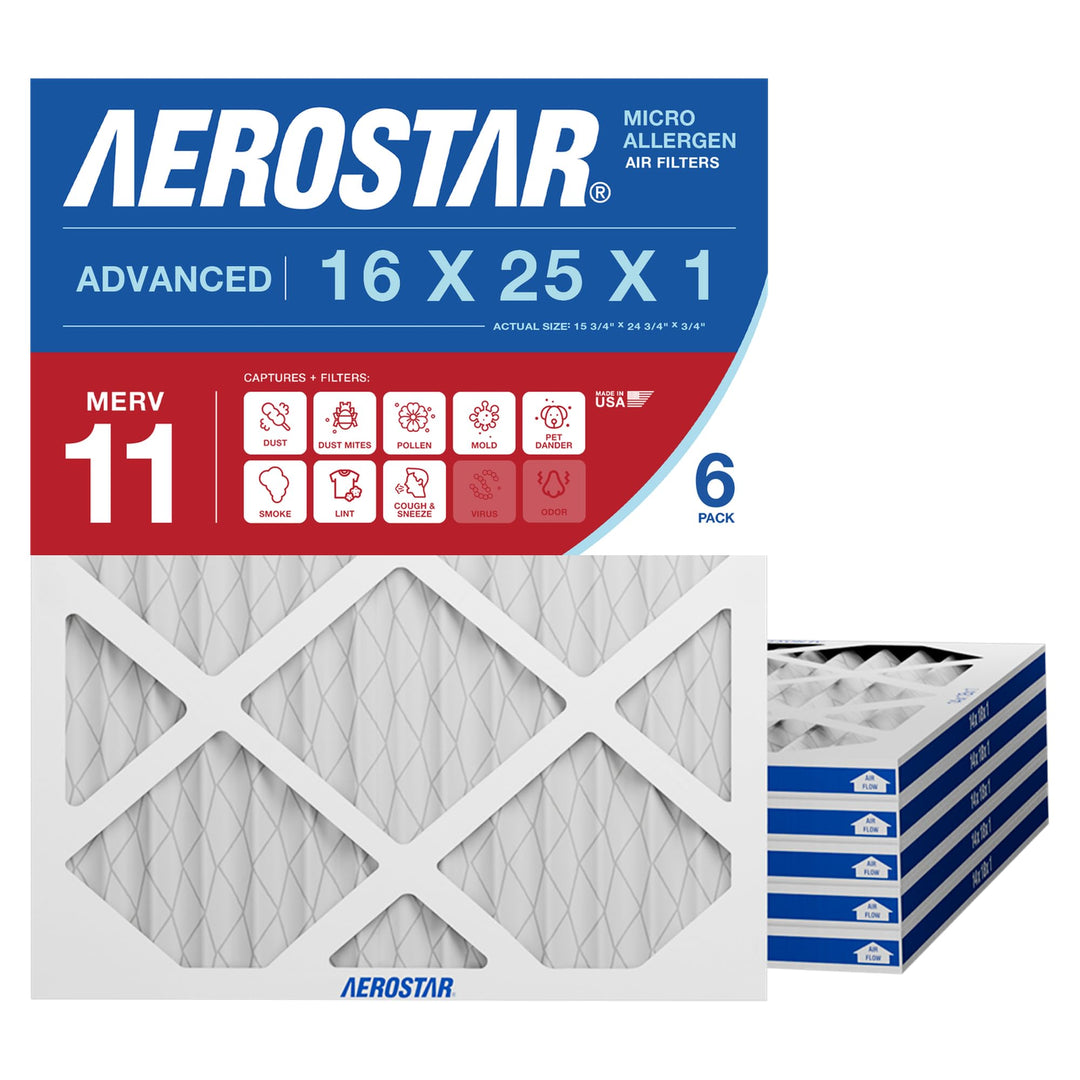 Aerostar 16 x 25 x 1 MERV 11 Plissee-Luftfilter, AC-Ofen-Luftfilter, 6 Stück (tatsächliche Grösse: 3