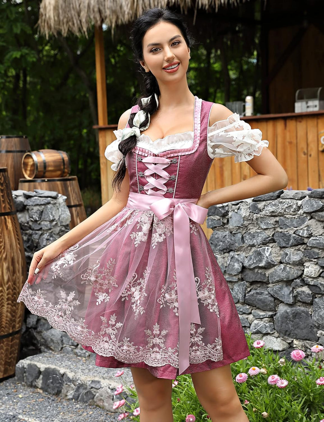 KOJOOIN Trachtenkleid Damen Dirndl Kurz Midi 3tlg. für Oktoberfest-Drei Teilig: Kleid, Bluse, Schürz
