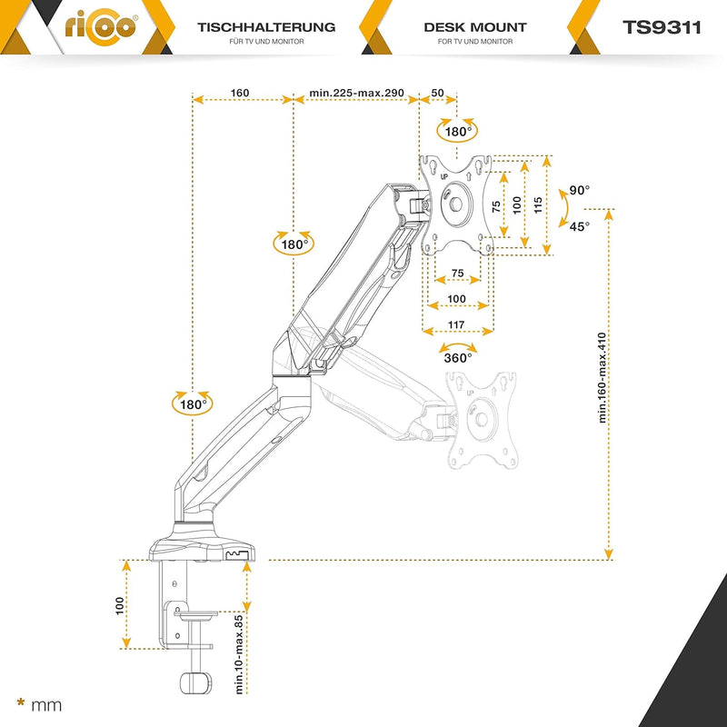 RICOO Monitor Halterung Tisch Gasdruckfeder für 13-27 Zoll, VESA Tischhalterung, Monitorarm TS9311,