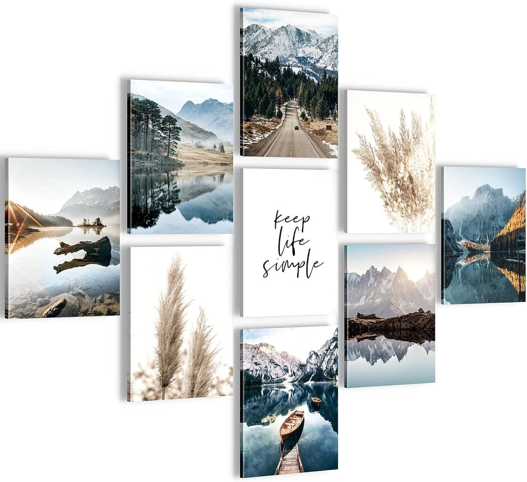 Novart Wandbilder Natur - KOMPLETT AUFHÄNGFERTIG - See Berge Wohnzimmer Schlafzimmer- 9 Moderne Mood
