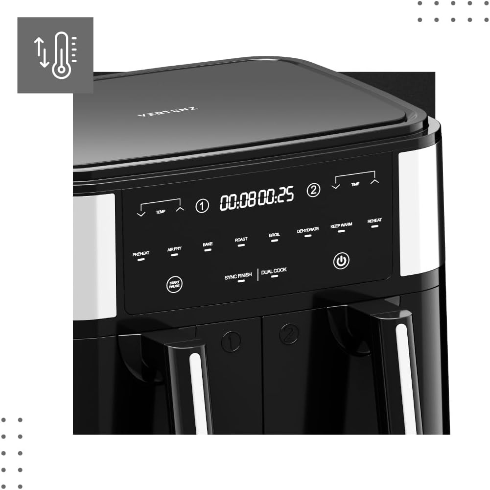 VERTENZ Taste 90 | Heissluftfritteuse Airfryer 9L in Zwei Körben Doppelkammer | 8 Automatische Menüs