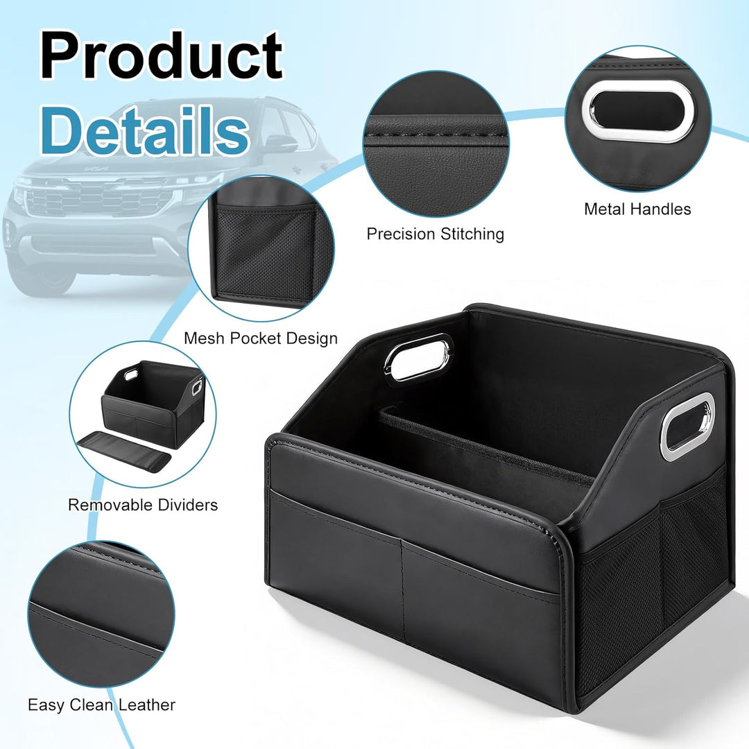 Kofferraum Organizer, Faltbar Auto Organizer mit Metallgriffen, Leder Kofferraumtasche mit Abnehmbar