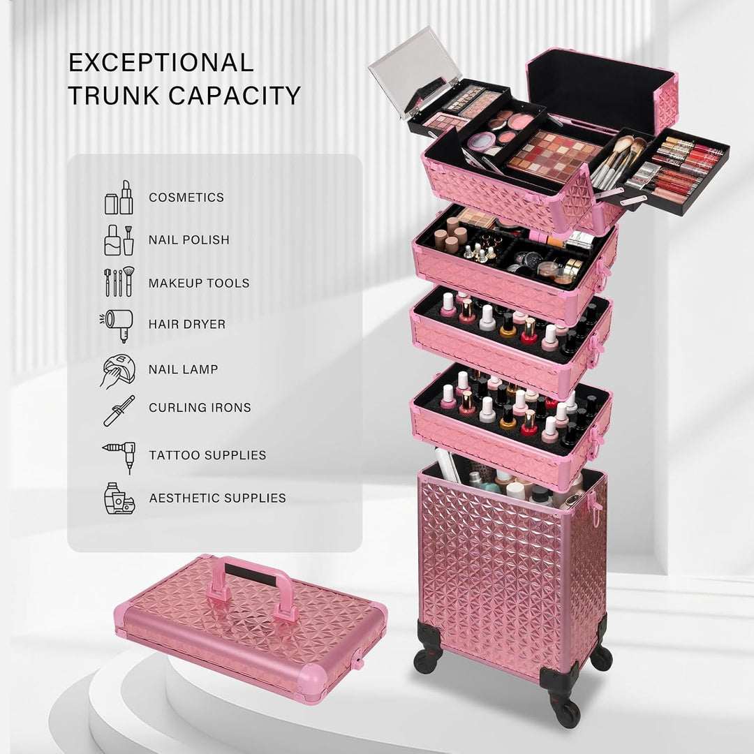Kosmetikkoffer Trolley, 6-in-1 Schminkkoffer mit Spiegel & Schloss, Grosser Kosmetik Reisekoffer Mak