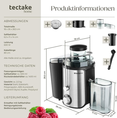 tectake® Entsafter Gemüse und Obst, Saftpresse elektrisch, Edelstahl Küchengeräte, Juicer Machine fü