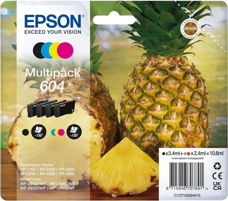 Epson Orginal 604 Tinte Ananas Multipack 4-farbig Standard, XP-2200 XP-2205 XP-3200 XP-4205 WF2910DW