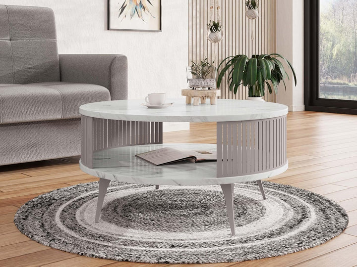 Mirjan24 Couchtisch mit Ablage Rajkon, Runde Form, Metallbeine, Kaffeetisch, Wohnzimmertische, Beist
