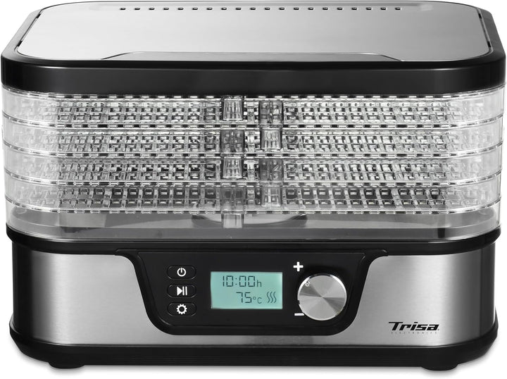 Trisa Dörrautomat - 5 stapelbare Racks für Obst, Gemüse, Kräuter & Pilze, 1 Netz, Zirkulationslüfter