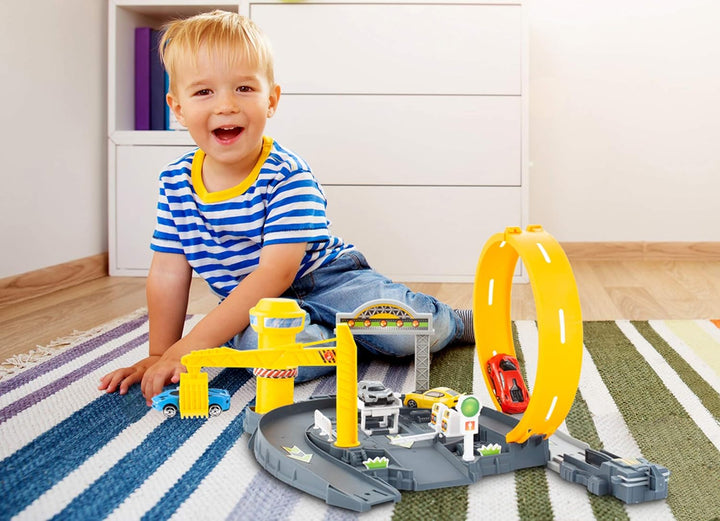 MalPlay Trackset Parkhaus für Kinder mit 4 Spielzeugautos | Rennbahn mit Looping Tracks | ab 3 Jahre