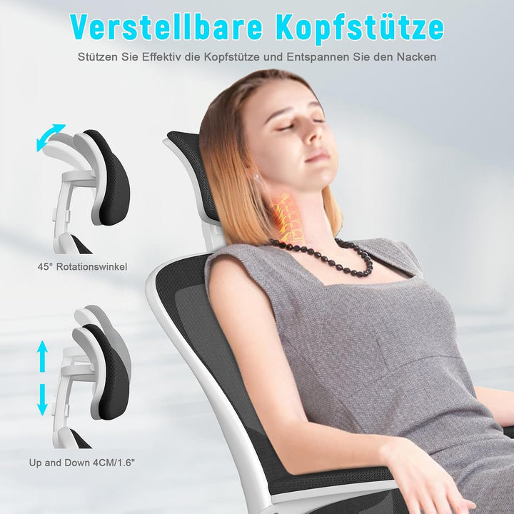 naspaluro Bürostuhl, Ergonomischer Schreibtischstuhl mit Verstellbarer Armlehnen, Kopfstütze, Lordos